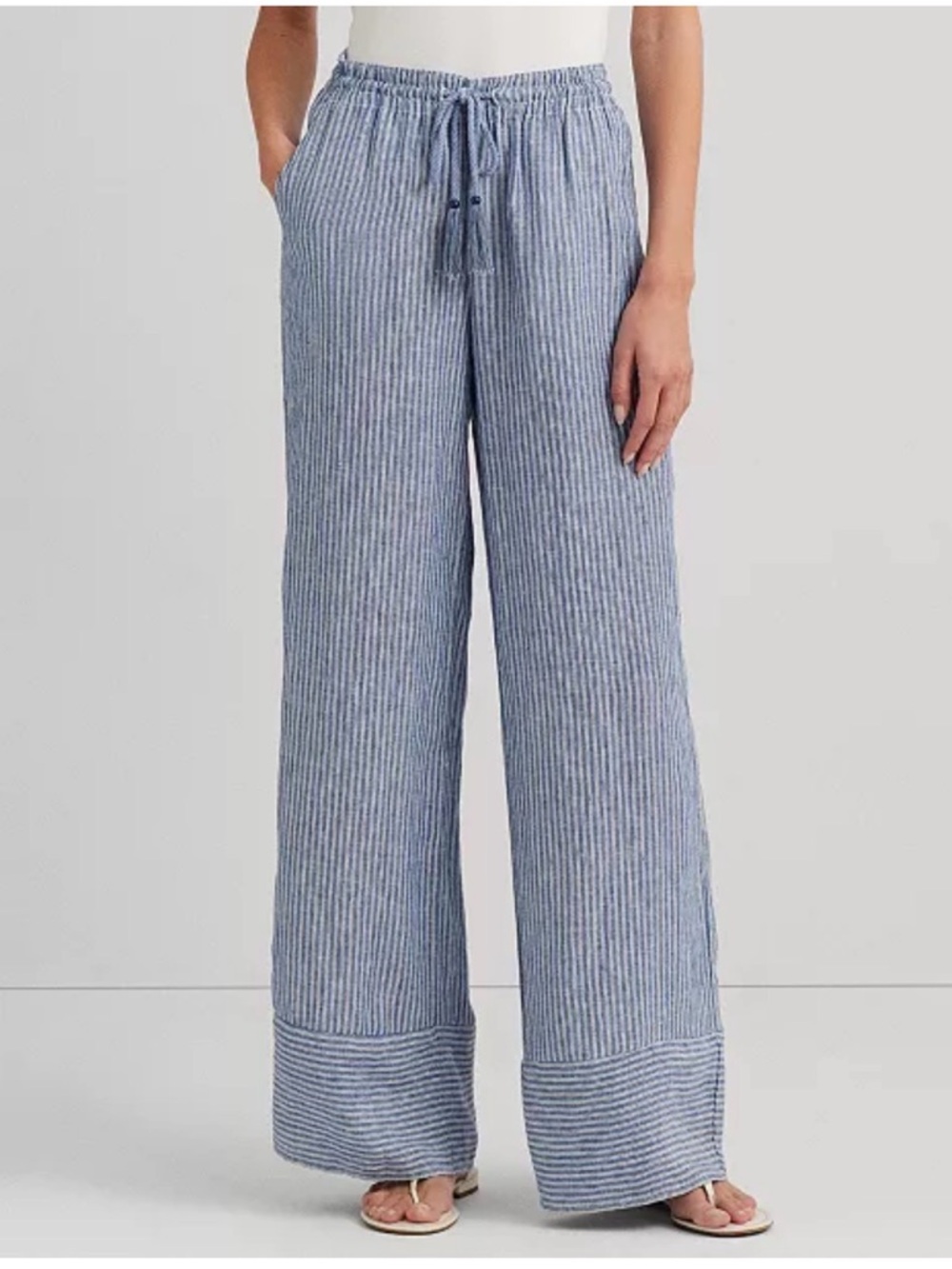 Ralph Lauren Striped Wide-Leg Drawstring Pants in Light Blue